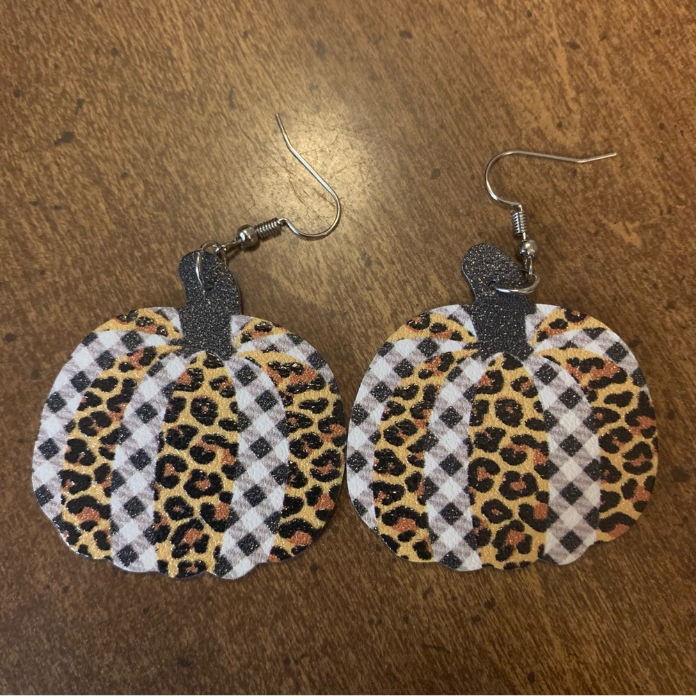Vintage Fall Leopard Print & Plaid Pumpkin Drop Earrings